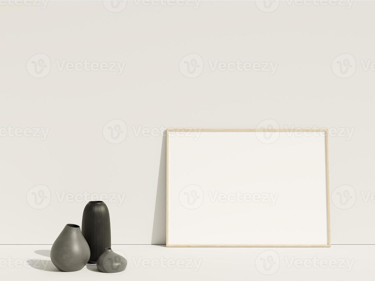 Clean and minimalist front view horizontal wood photo or poster frame mockup leaning against the wall with vase. 3d rendering.