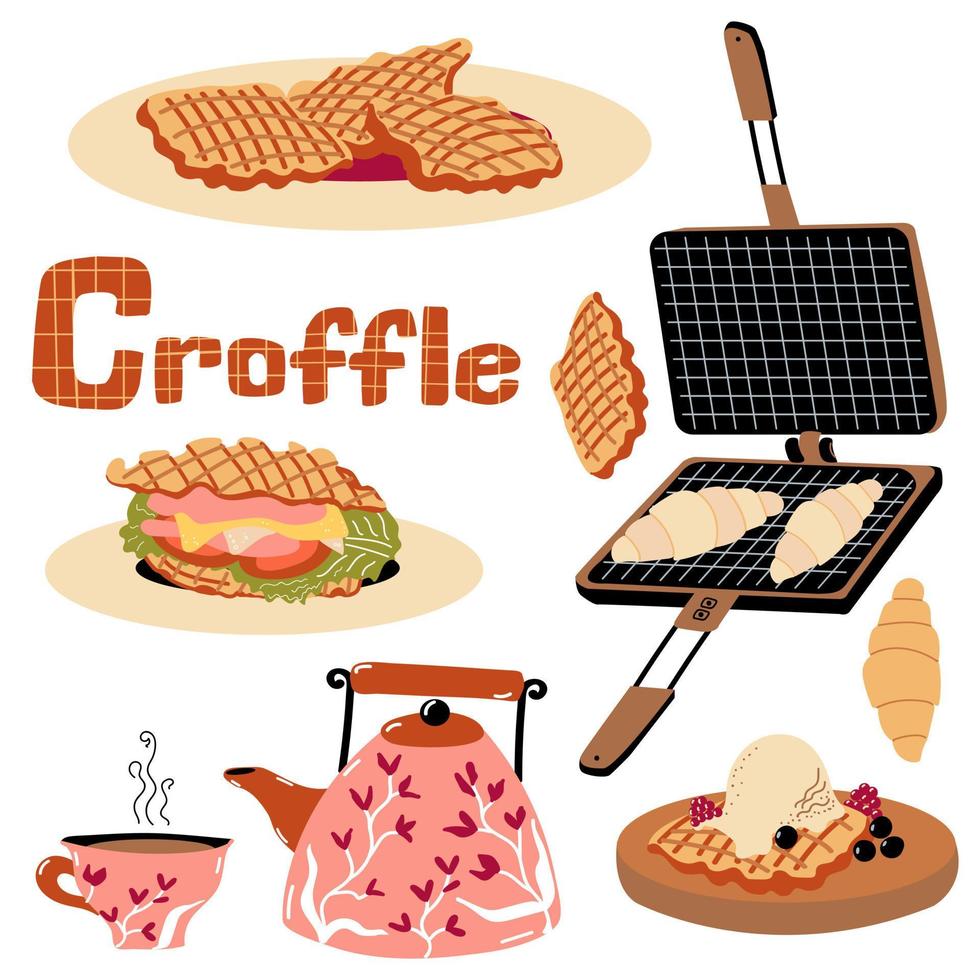 Croffle set. Croissant Wafle cooked in a Waffle Maker.  Korean dessert. Vector Sweet Food. Teapot and cup of tea.