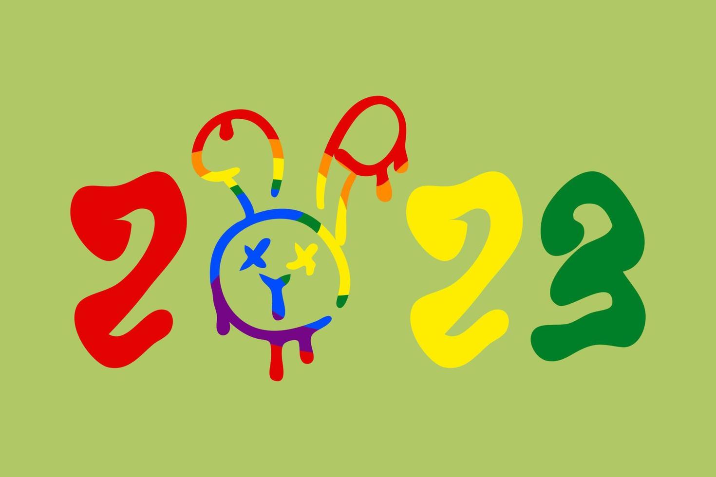 fondo moderno de año nuevo 2023 con cara de conejito derritiéndose y números en colores arcoiris. vector