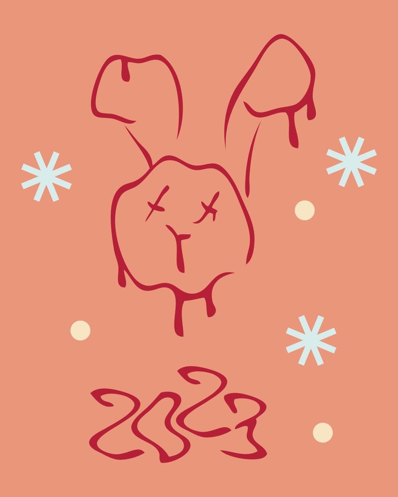 Modern distorted melting bunny face and numbers 2023 print. vector