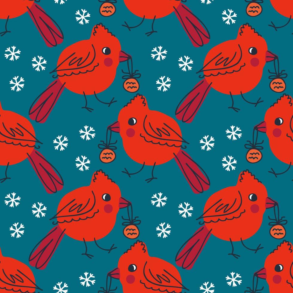 Cardinal bird with xmas toy in beak and snowflakes seamless pattern. vector