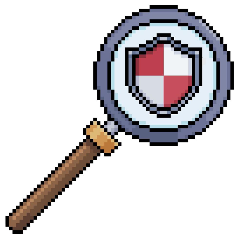 Pixel art magnifying glass with shield icon vector icon for 8bit game on white background