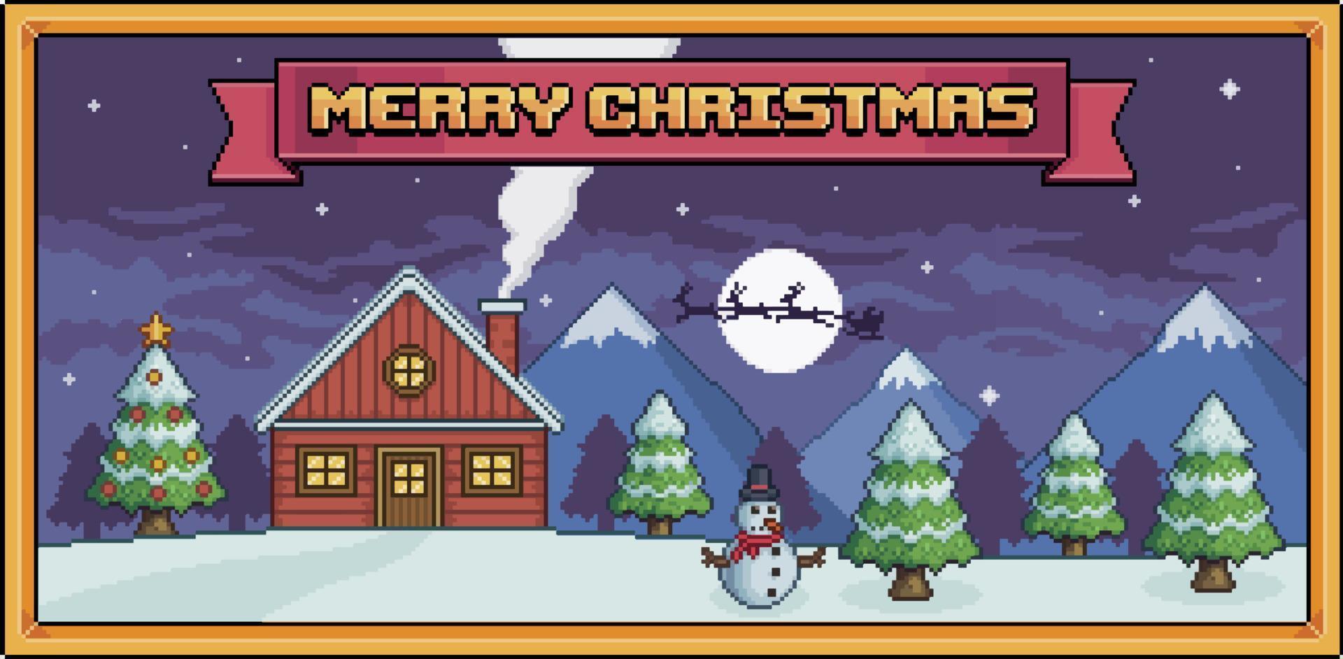 Pixel art christmas landscape with house, mountains, pine forest, christmas tree, snowman background for 8bit game with golden border vector