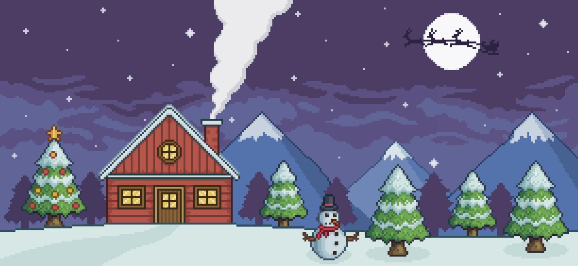 paisaje navideño de pixel art con casa, montañas, bosque de pinos, árbol de navidad, fondo de muñeco de nieve para juego de 8 bits vector