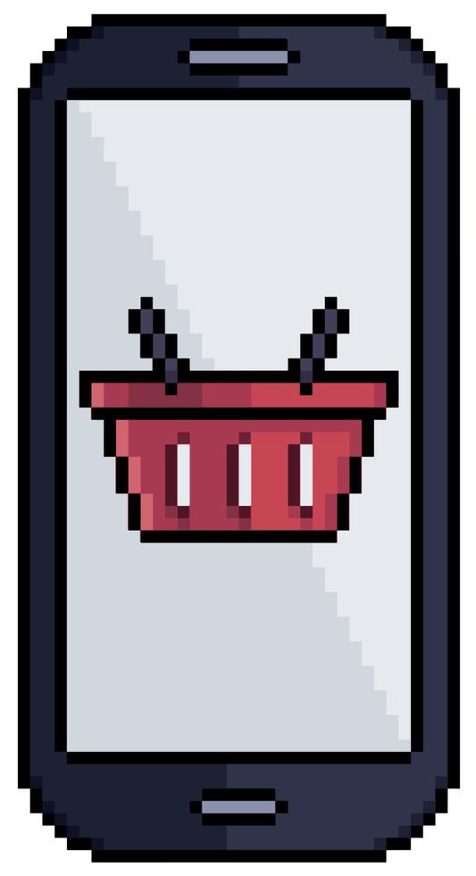 Pixel art mobile phone with shopping basket icon, cellphone vector icon for 8bit game on white background