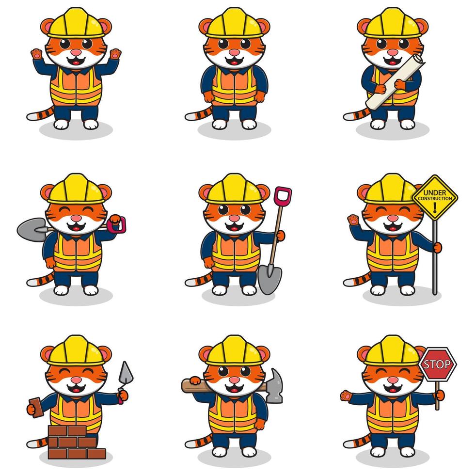 ilustración vectorial del carácter del tigre en el sitio de construcción. trabajadores de la construcción en diversas herramientas. personajes de tigre de dibujos animados con sombrero duro trabajando en el vector del sitio de construcción.