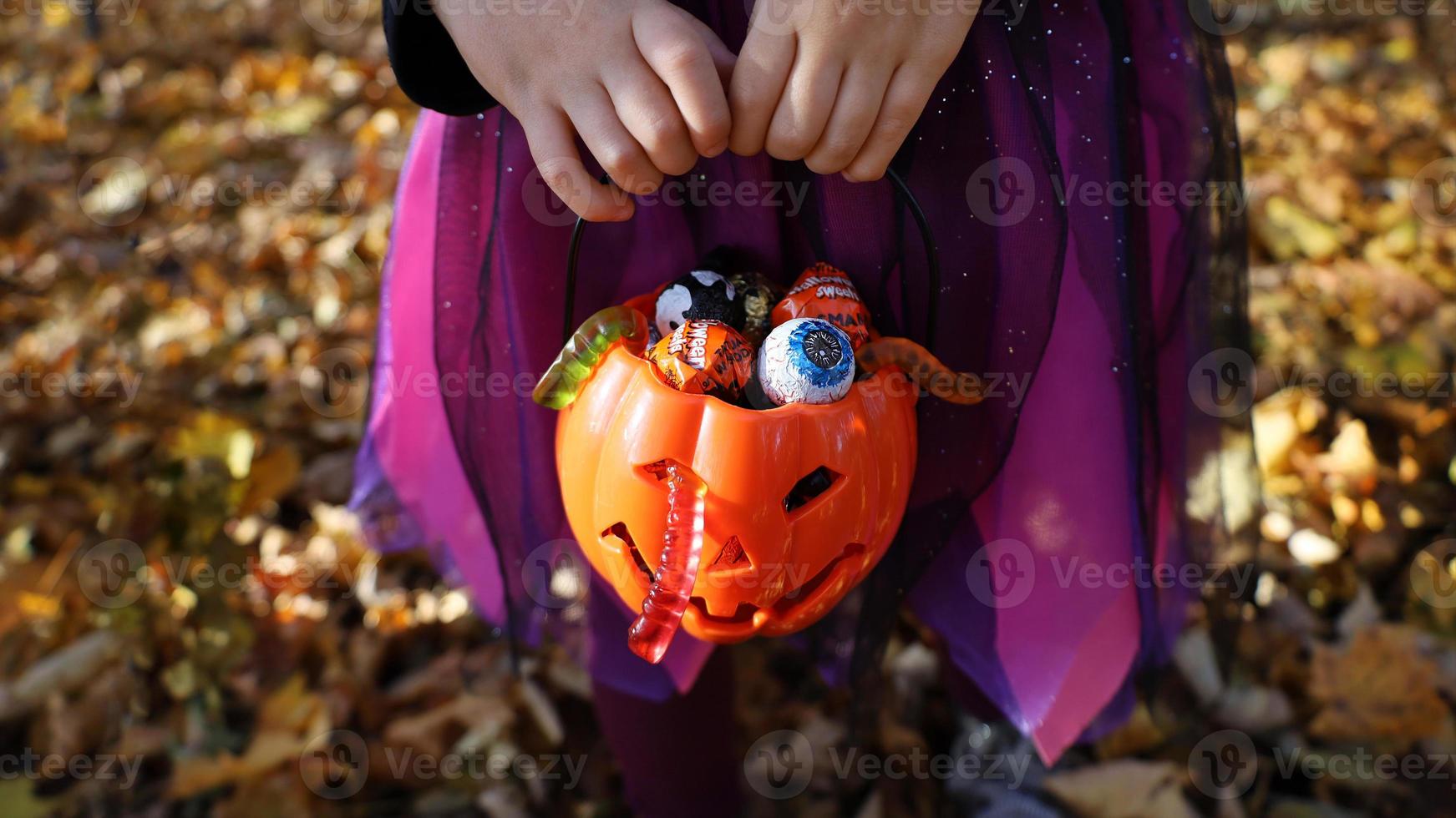 Girl in witch violet dress holds in hands orange pumpkin plastic bucket with candies and jelly worms. Autumn forest behind. Halloween trick or treat concept. No face, unrecognizable, selective focus. photo