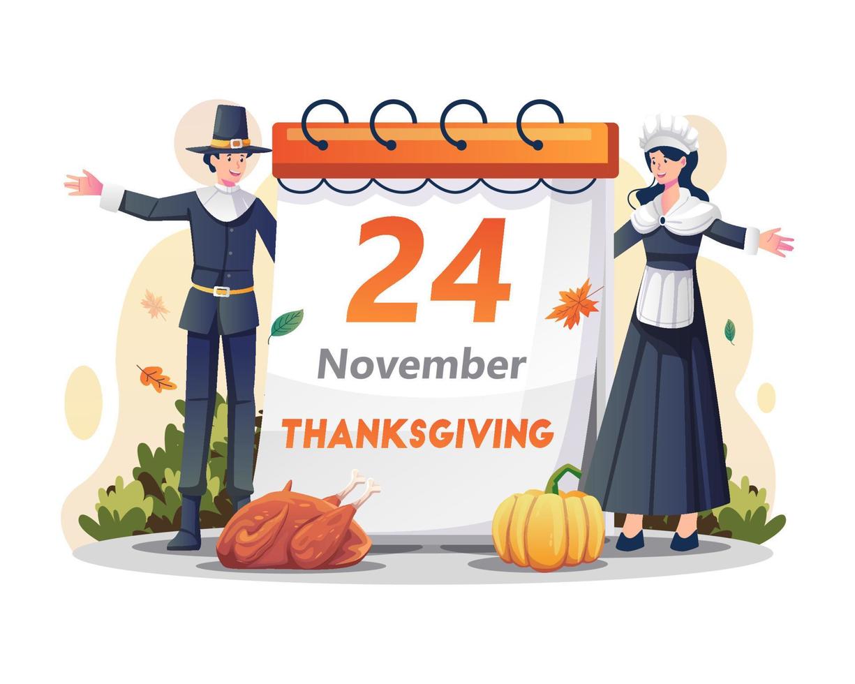 The happy young man and a woman in pilgrims costume are welcoming thanksgiving day on 24th November. Vector illustration