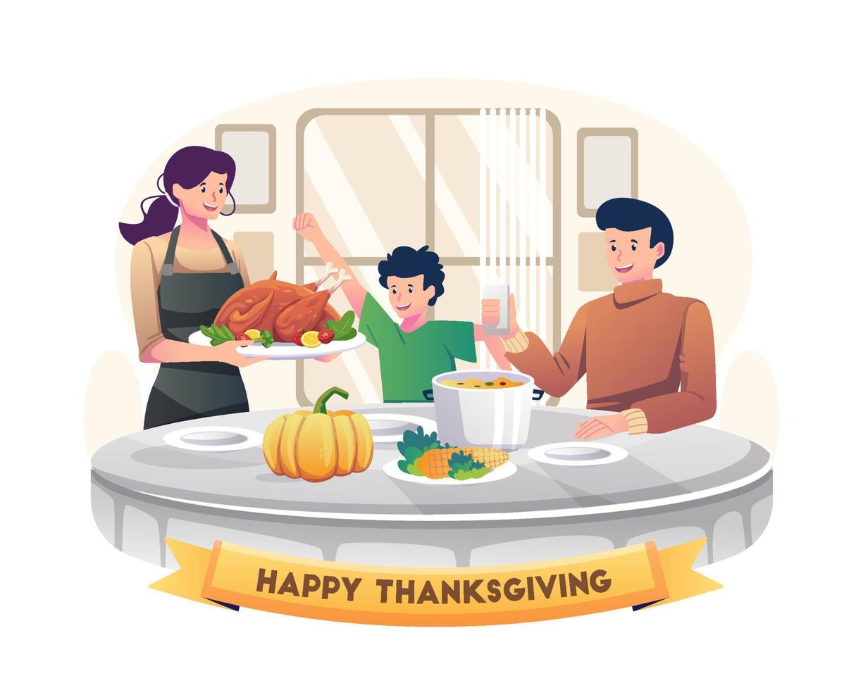 la familia celebra el día de acción de gracias cenando juntos alrededor de la mesa con comidas y comidas caseras. ilustración vectorial vector