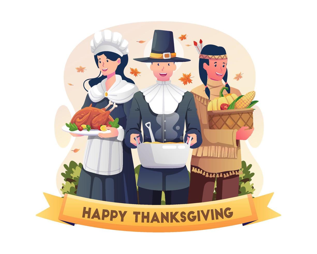 Happy Thanksgiving People in pilgrim and native costumes holding a roasted turkey and serving dishes for the Thanksgiving holiday dinner party. Vector illustration