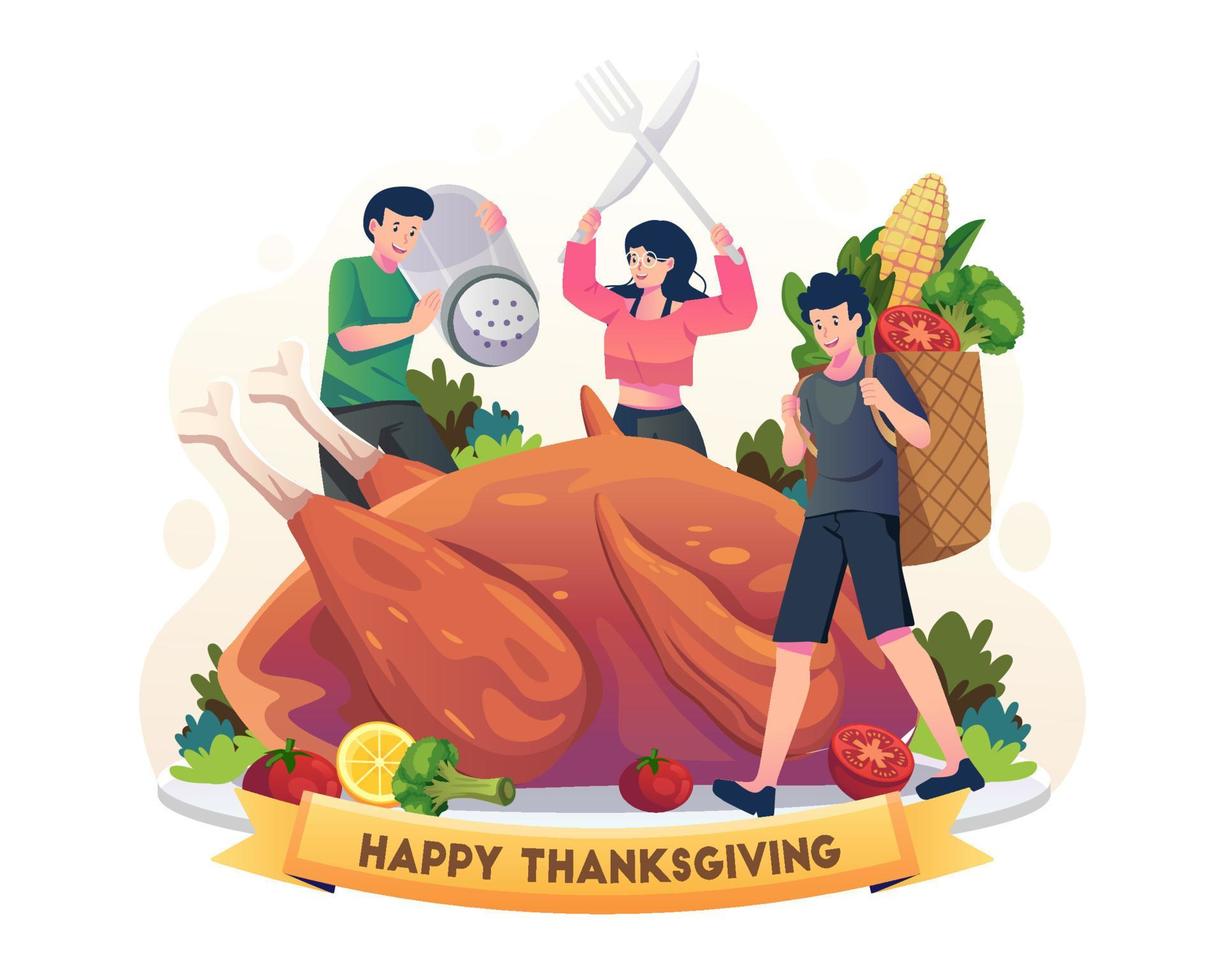 People are cooking a huge thanksgiving turkey and flavoring it with spices and vegetables. Holiday Thanksgiving food dinner concept. Vector illustration