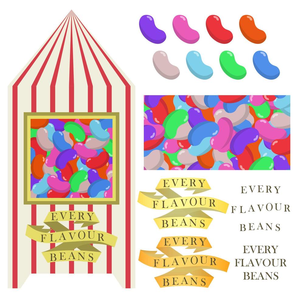 Box with jelly beans candies. EVERY FLAVOUR BEANS. seamless jelly beans pattern vector