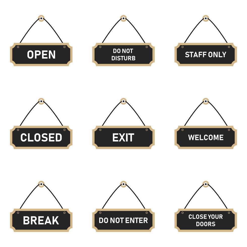 A collection of various signs hanging on the doors of an office or shop. Vector illustration.