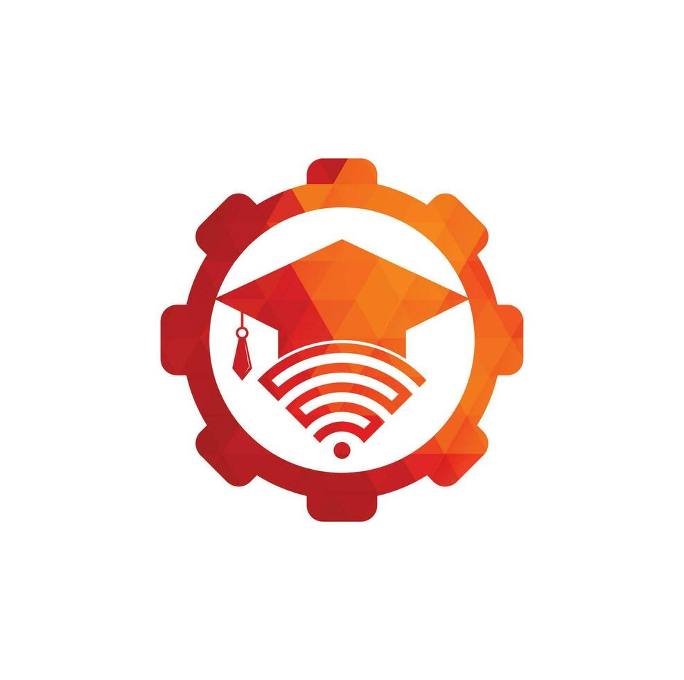 Wifi education gear shape concept logo design template. Graduate hat and wifi vector logo design. Study online logo concept