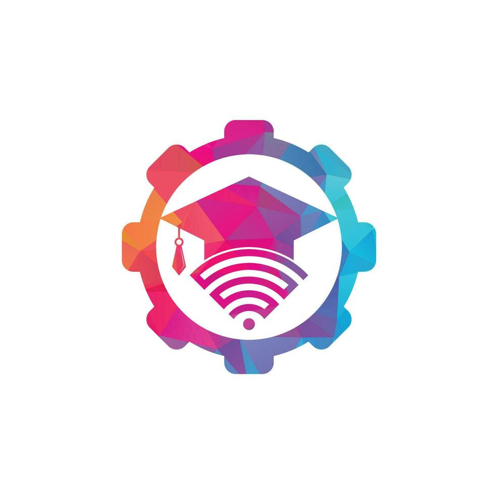 plantilla de diseño de logotipo de concepto de forma de engranaje de educación wifi. sombrero graduado y diseño de logotipo vectorial wifi. estudiar el concepto de logotipo en línea vector