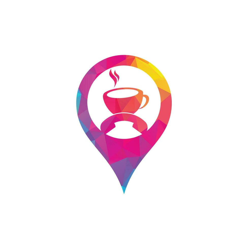 café llamada mapa pin forma concepto vector logo diseño. icono de auricular y taza