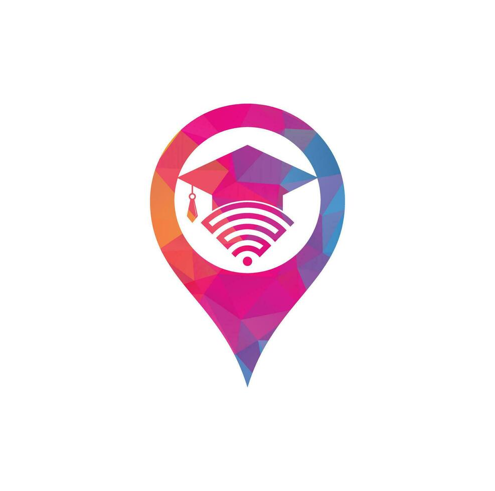 plantilla de diseño de logotipo de concepto de forma de pin de mapa de educación wifi. sombrero graduado y diseño de logotipo vectorial wifi. estudiar el concepto de logotipo en línea vector