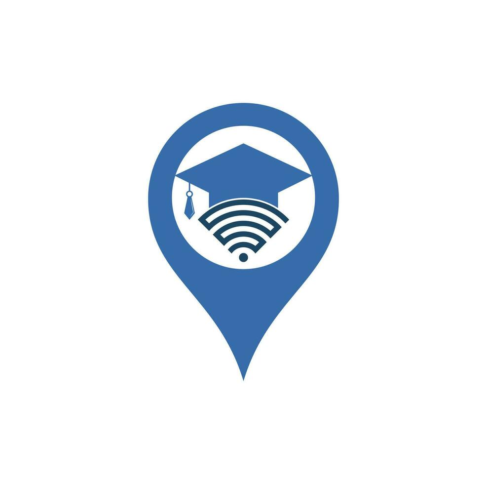 Wifi education map pin shape concept logo design template. Graduate hat and wifi vector logo design. Study online logo concept