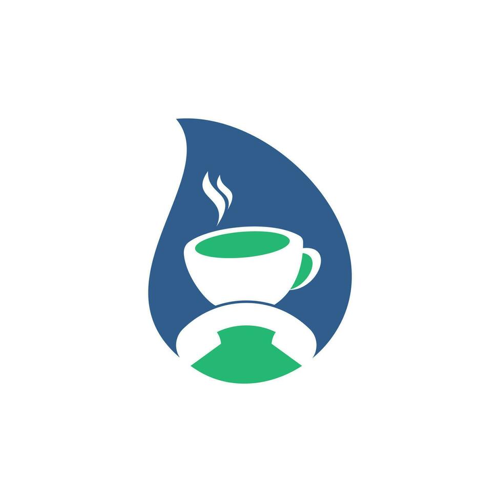 Diseño de logotipo vectorial de concepto de forma de gota de llamada de café. icono de auricular y taza vector