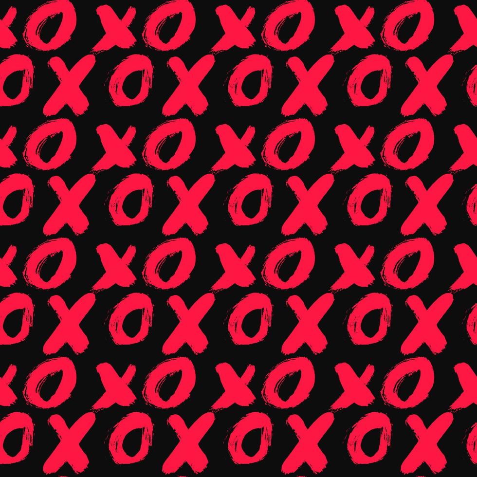 Seamless pattern XOXO on black background. XO drawn with red lipstick. Hugs and kisses abbreviation symbol. Easy to edit template for Valentines day. Vector illustration.