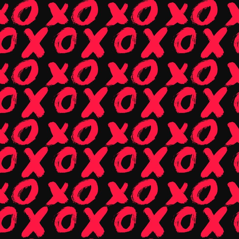 xoxo de patrones sin fisuras sobre fondo negro. xo dibujado con lápiz labial rojo. símbolo de abreviatura de abrazos y besos. plantilla fácil de editar para el día de san valentín. ilustración vectorial vector