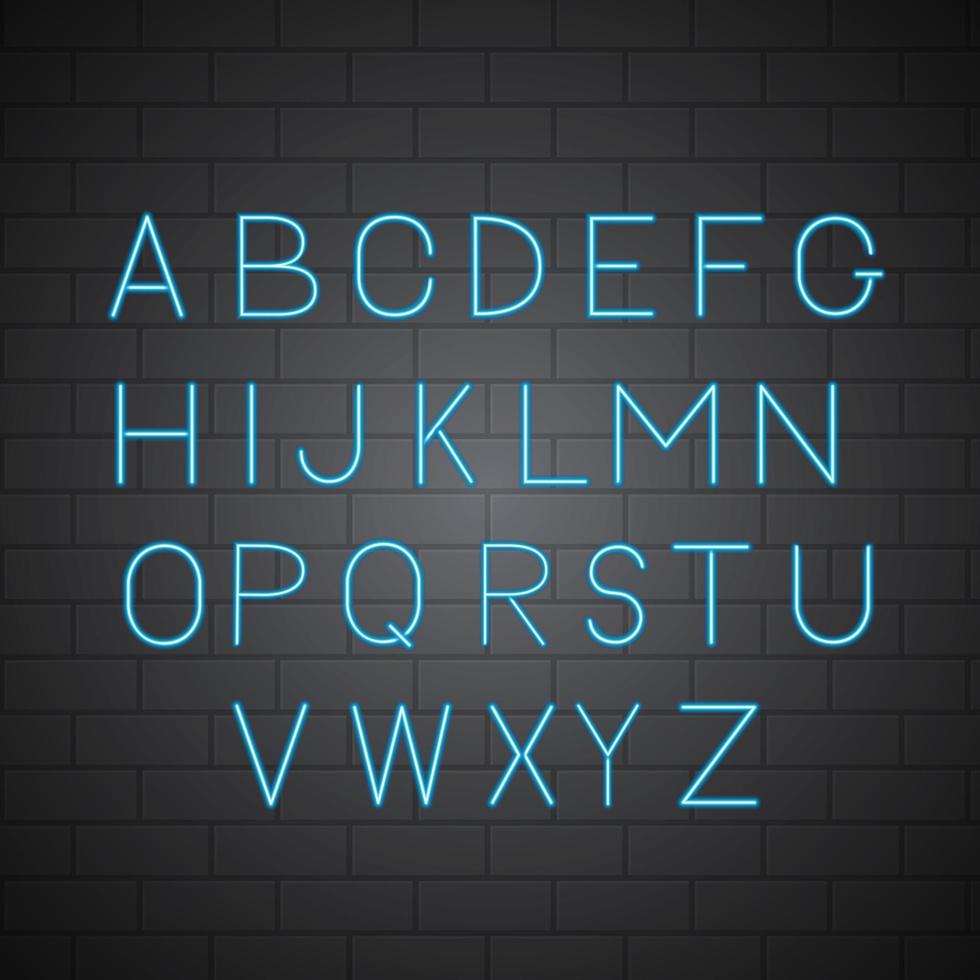 Neon light blue vector alphabet on brick wall background. Sans serif font. Glowing latin uppercase letters. Typeface for headlines, banners, signboards, posters, etc. Easy to edit design template.