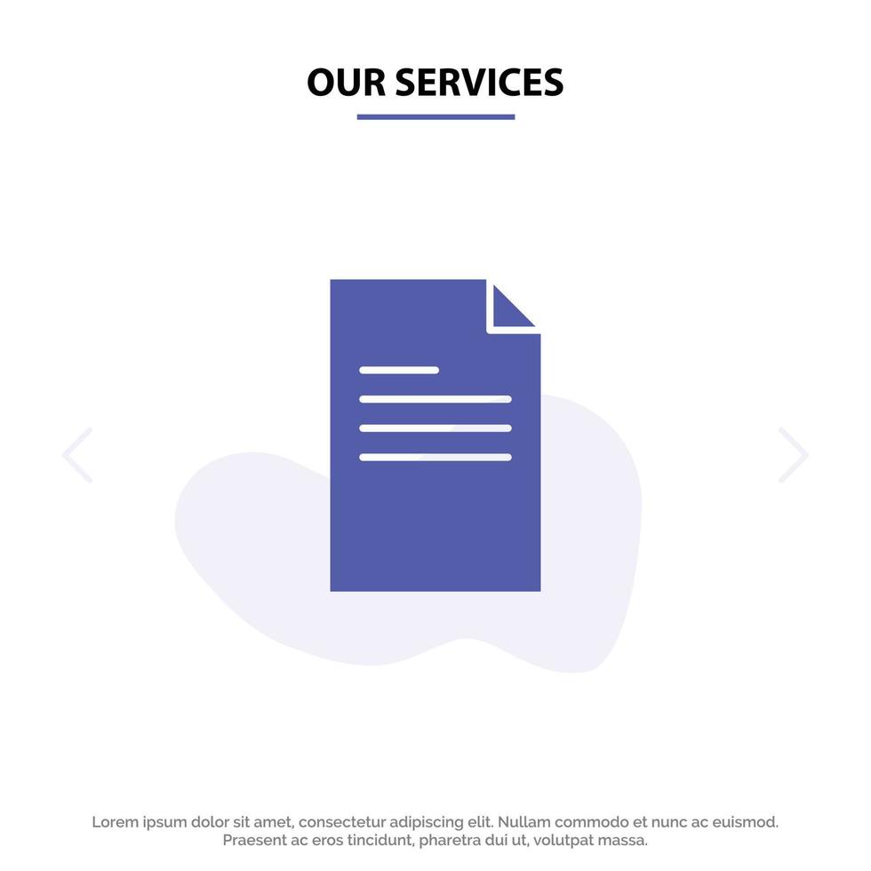 Our Services File Text Data Report Solid Glyph Icon Web card Template vector