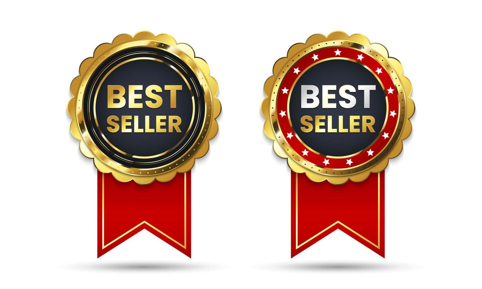 3d golden best seller award label. Realistic premium warranty badges with red ribbon vector