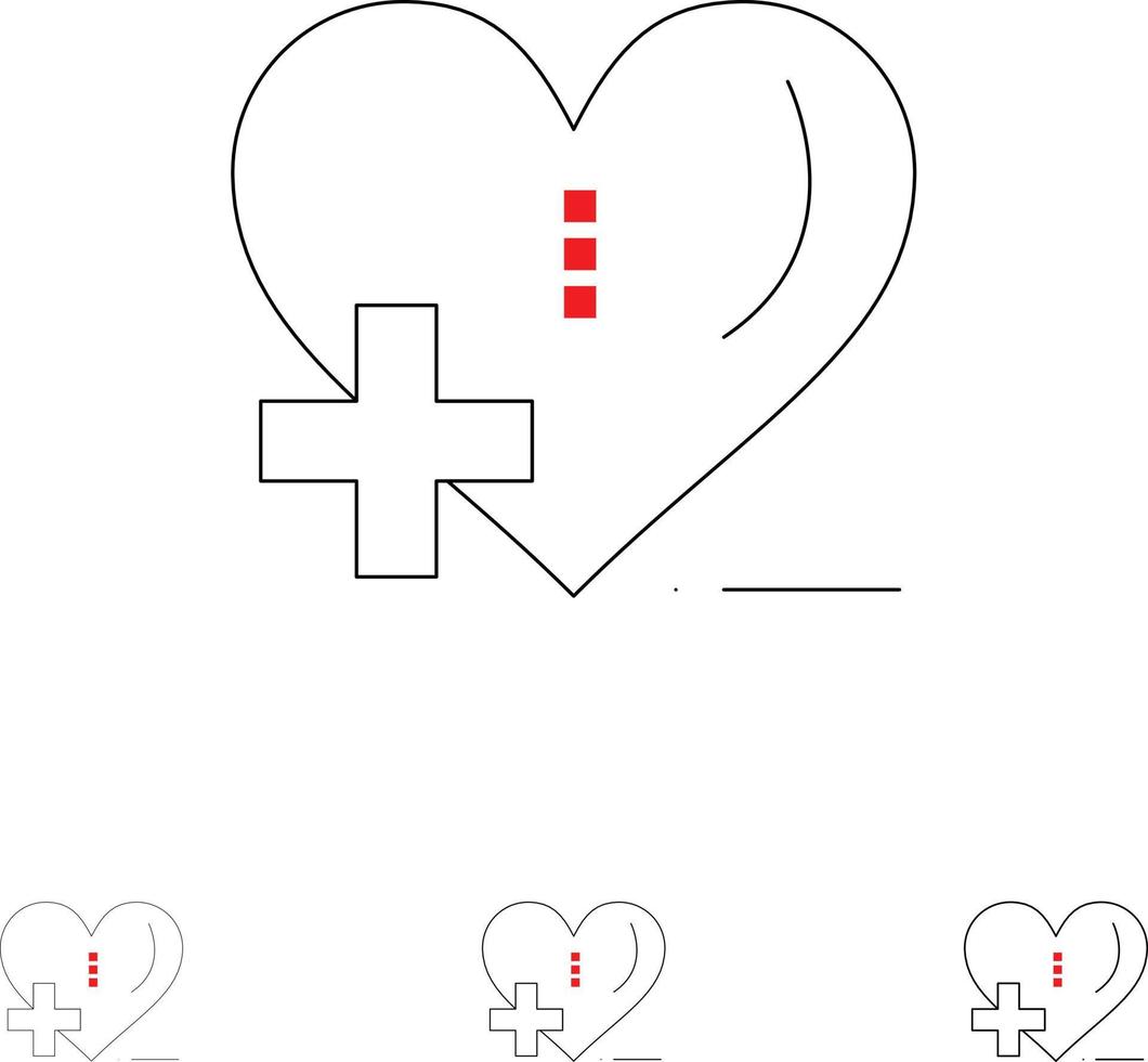 conjunto de iconos de línea negra audaz y delgada del cuidado de la salud del hospital del amor vector