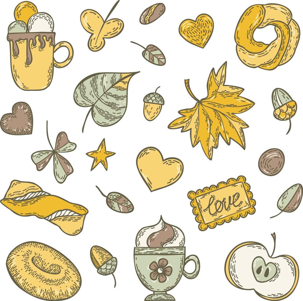 conjunto de otoño. conjunto dibujado a mano de tazas de bocetos de café, manzana, hojas, donas, galletas, bellotas y panecillos. vector