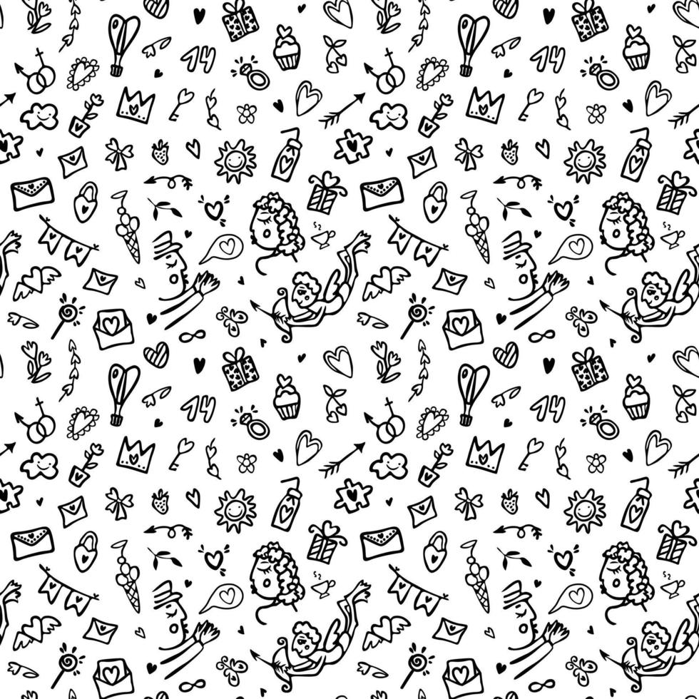 Vector love background. Valentine's day seamless pattern. Doodle illustration of hearts, letters, cups, gists.