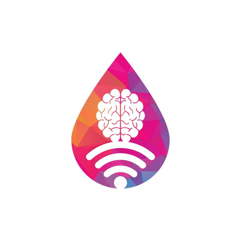 diseño de logotipo de concepto de forma de gota de cerebro y wifi. educación, tecnología y antecedentes comerciales. icono del logotipo del cerebro de wifi vector