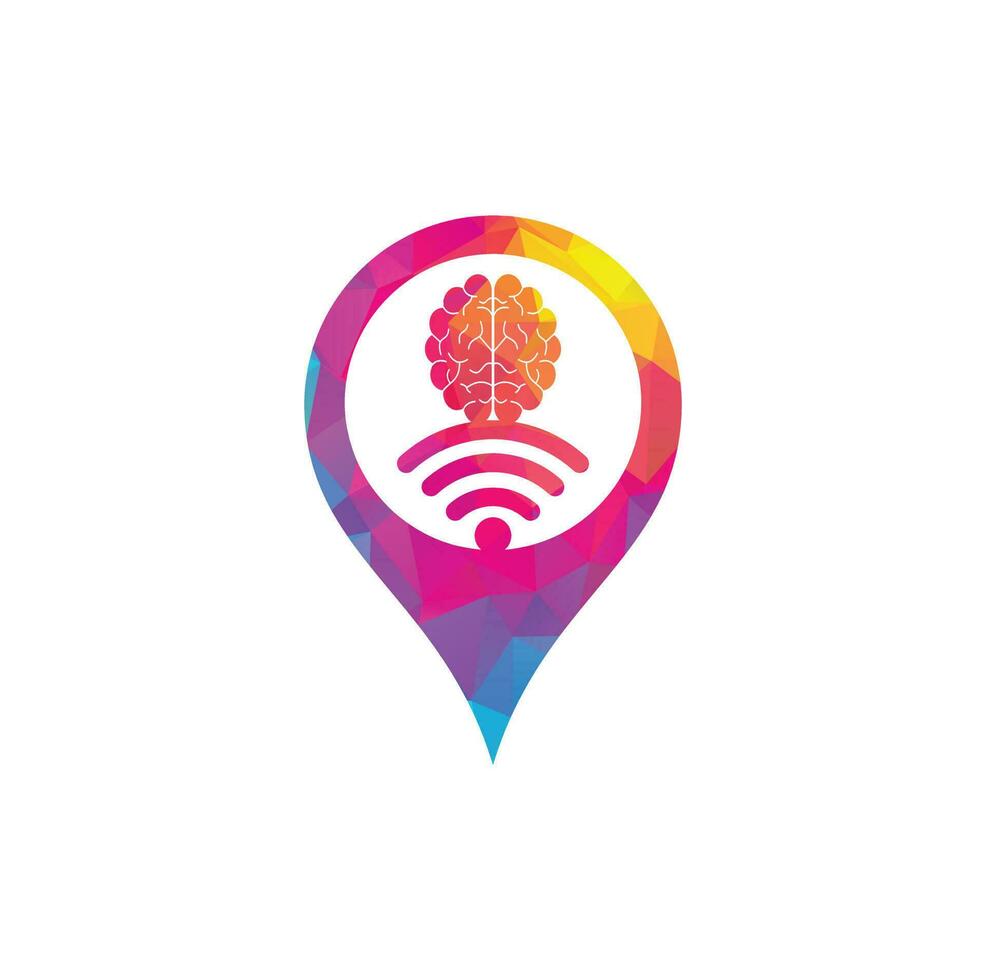 diseño de logotipo de concepto de forma de pin de mapa de cerebro y wifi. educación, tecnología y antecedentes comerciales. icono del logotipo del cerebro de wifi vector