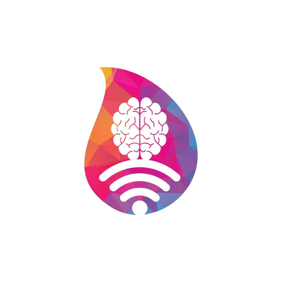 diseño de logotipo de concepto de forma de gota de cerebro y wifi. educación, tecnología y antecedentes comerciales. icono del logotipo del cerebro de wifi vector