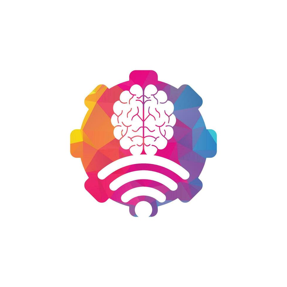 diseño del logotipo del concepto de forma de engranaje cerebral y wifi. educación, tecnología y antecedentes comerciales. icono del logotipo del cerebro de wifi vector