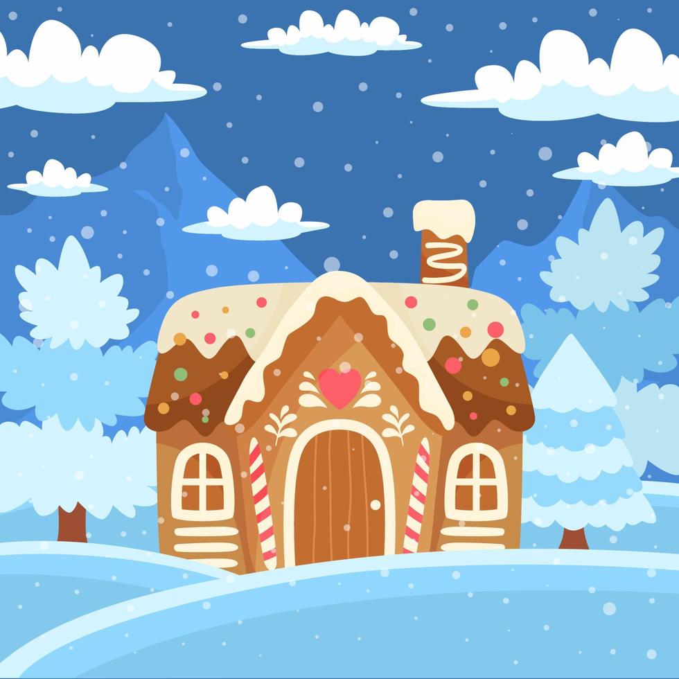 casa de pan de jengibre con fondo de concepto de nieve vector