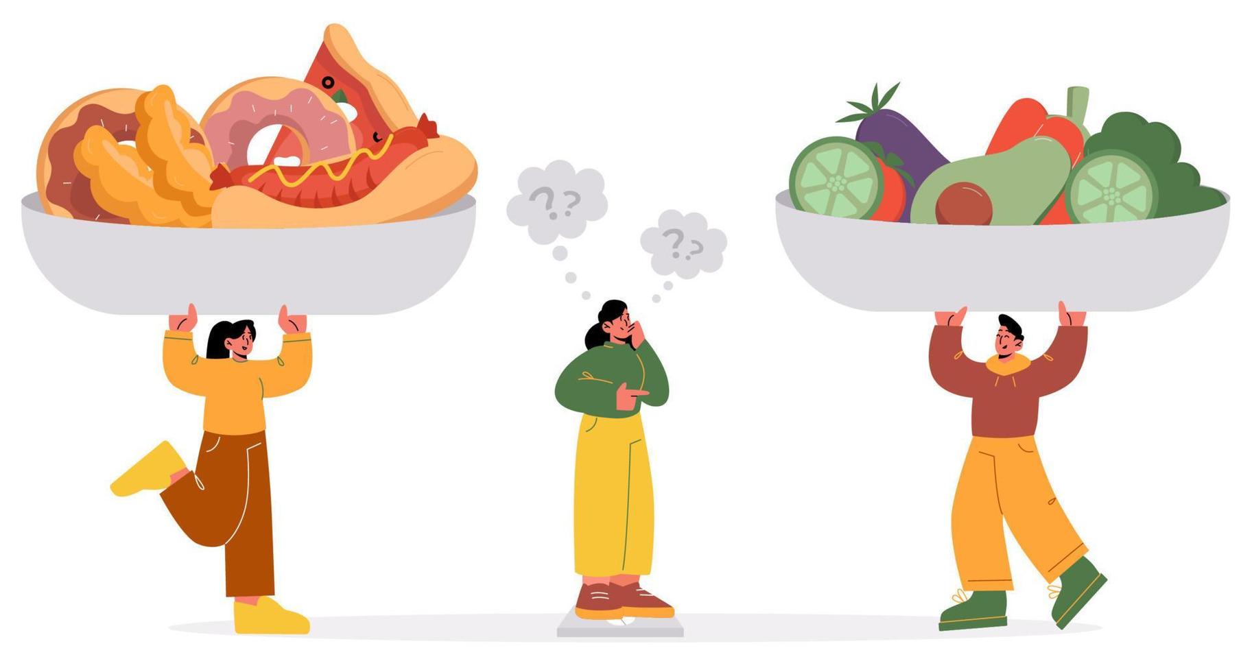 la mujer elige entre alimentos saludables y no saludables vector