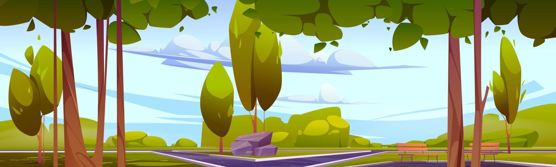 City park with trees, benches and skyscrapers vector