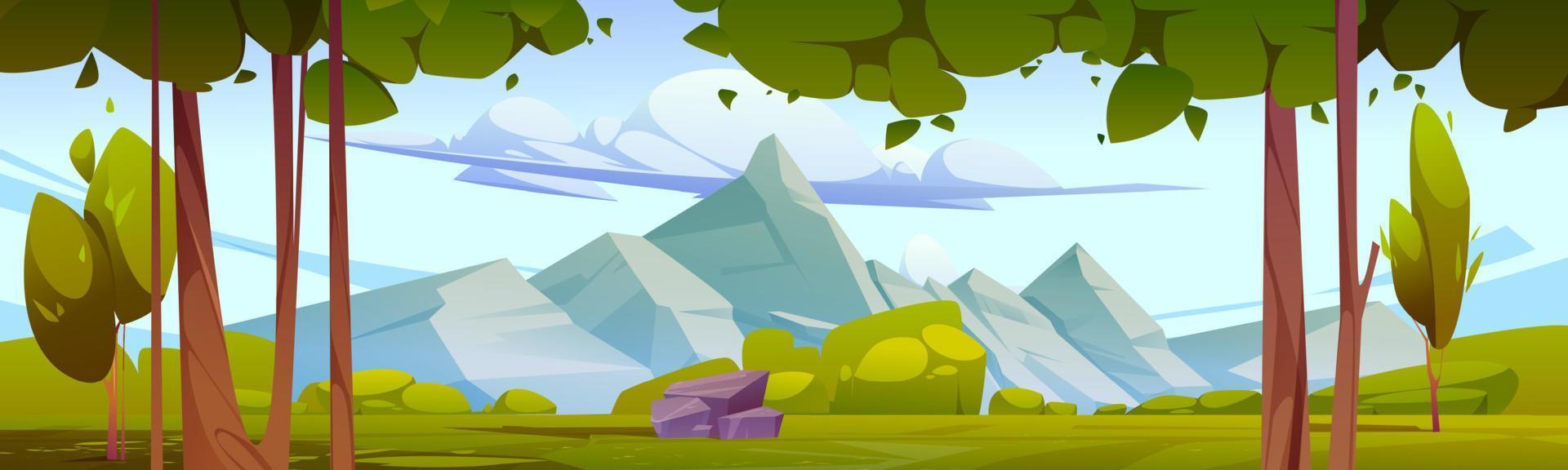 Summer mountain valley with green grass, trees vector