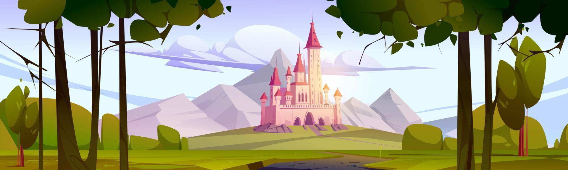 Pink fairy tale castle in mountain valley vector