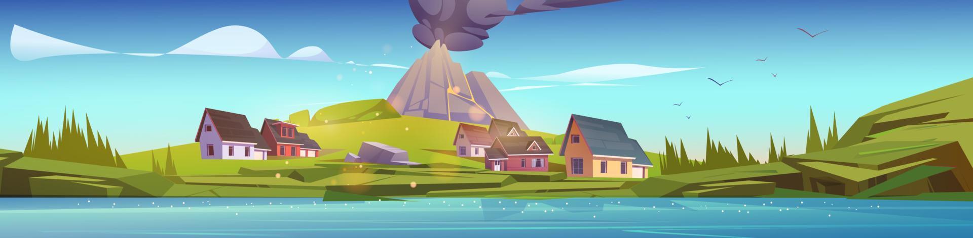 Houses and volcano with black smoke clouds vector