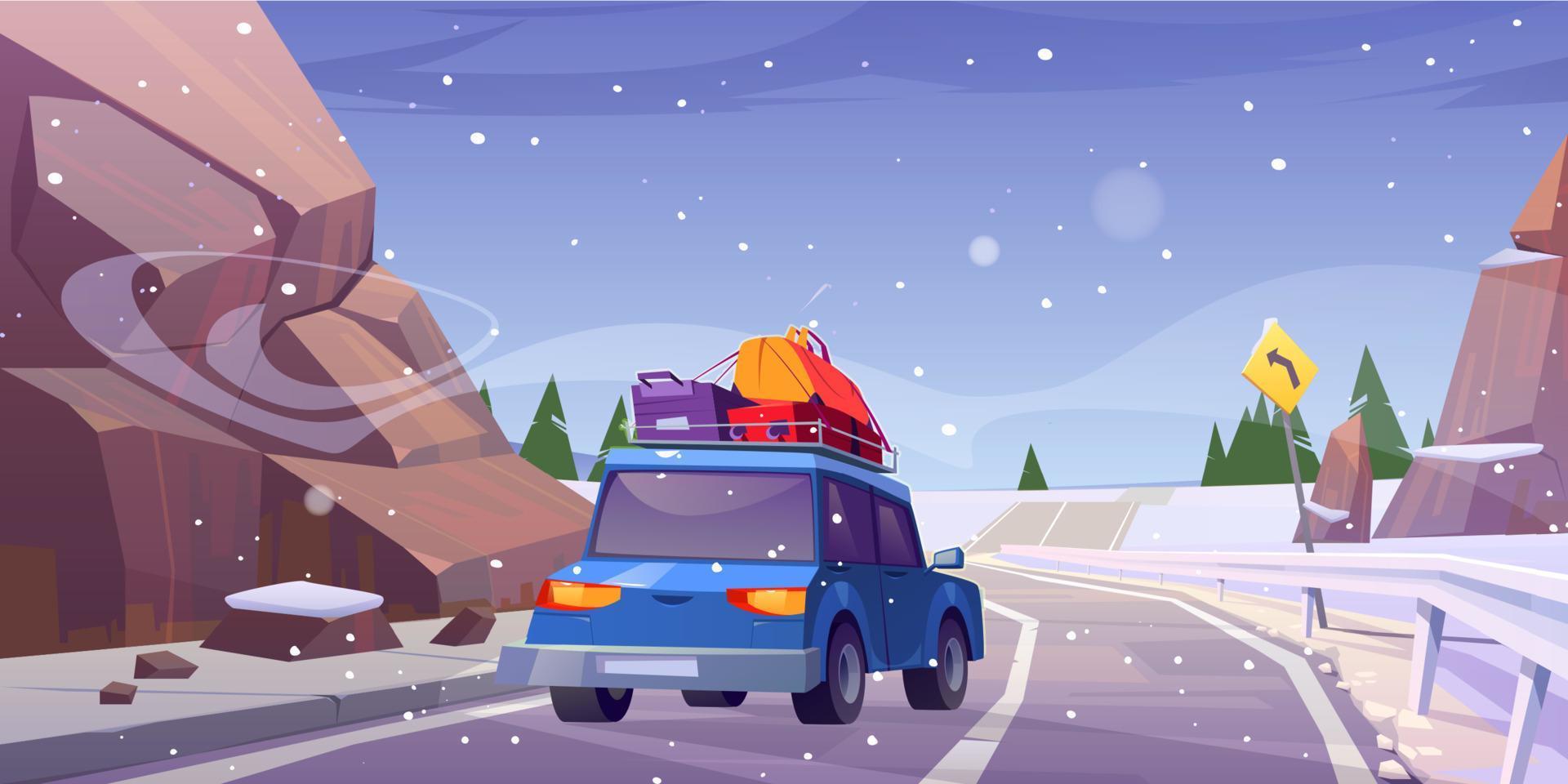 paisaje invernal con carretera y coche con equipaje vector