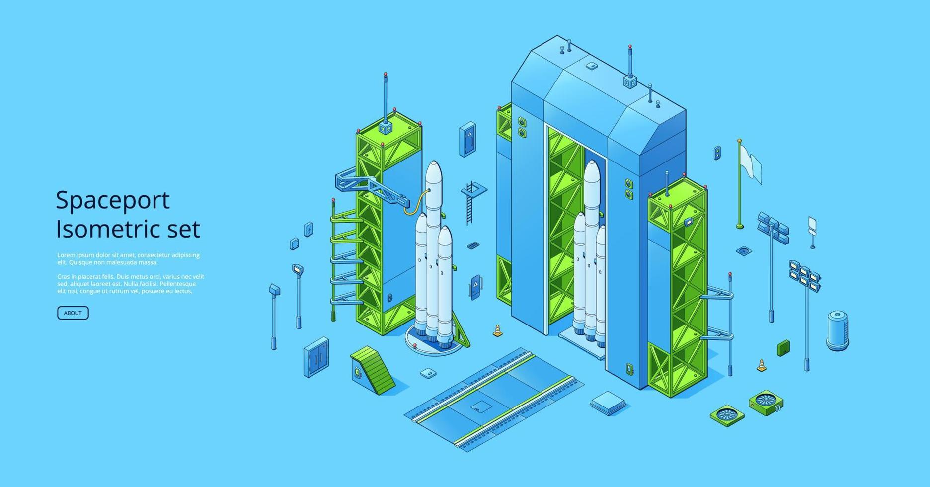 Spaceport isometric set with rocket on cosmodrome vector