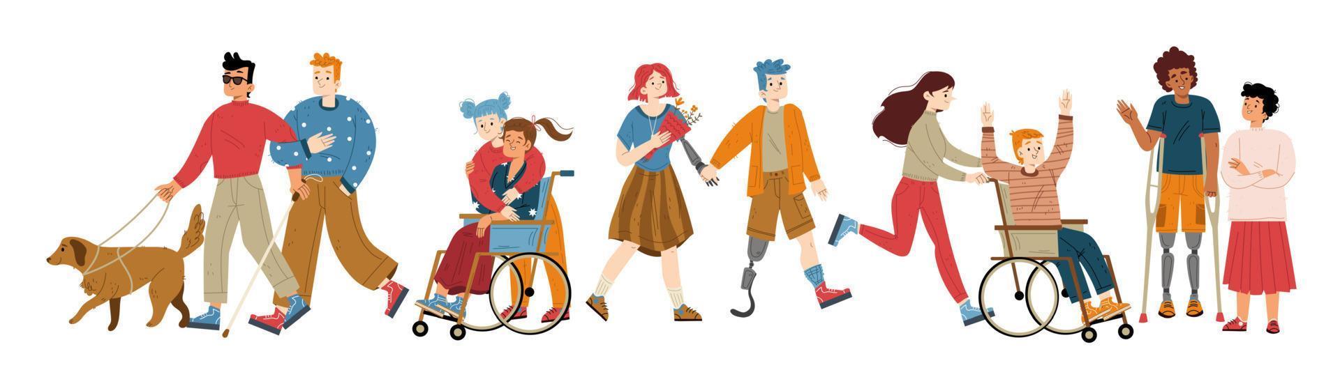 People with different disabilities waving hand vector