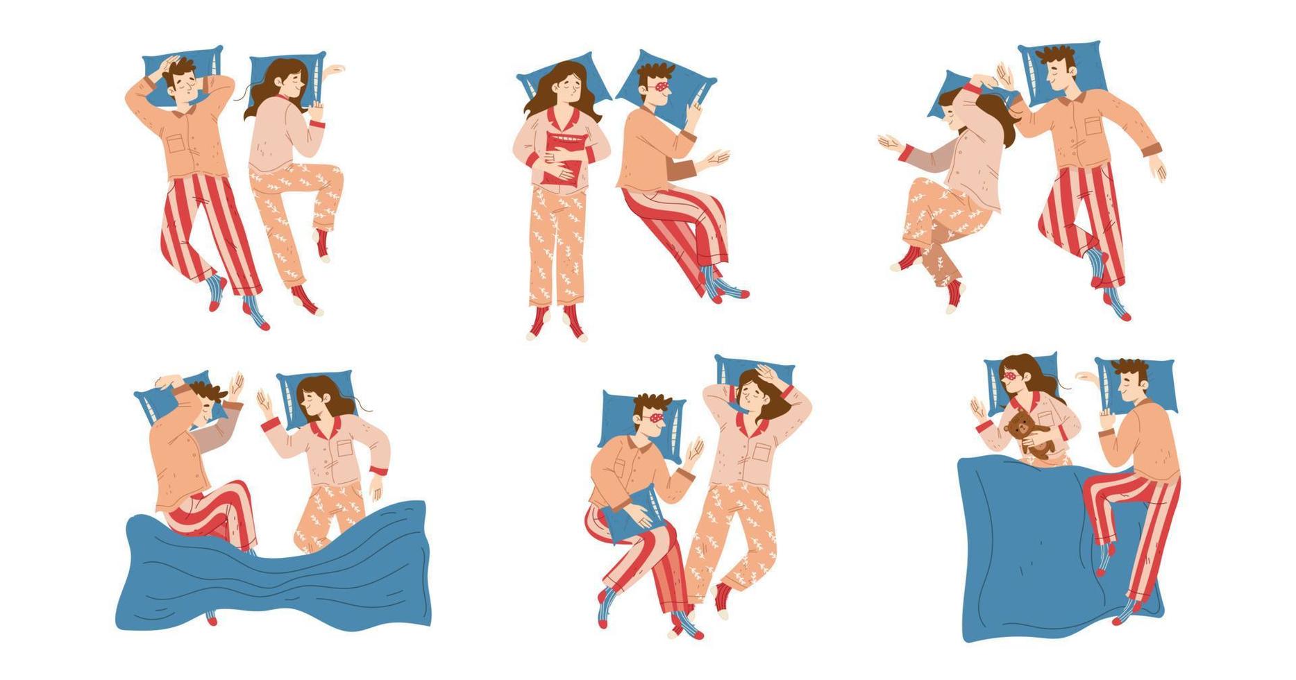 mujer y hombre duermen en diferentes poses vista superior vector