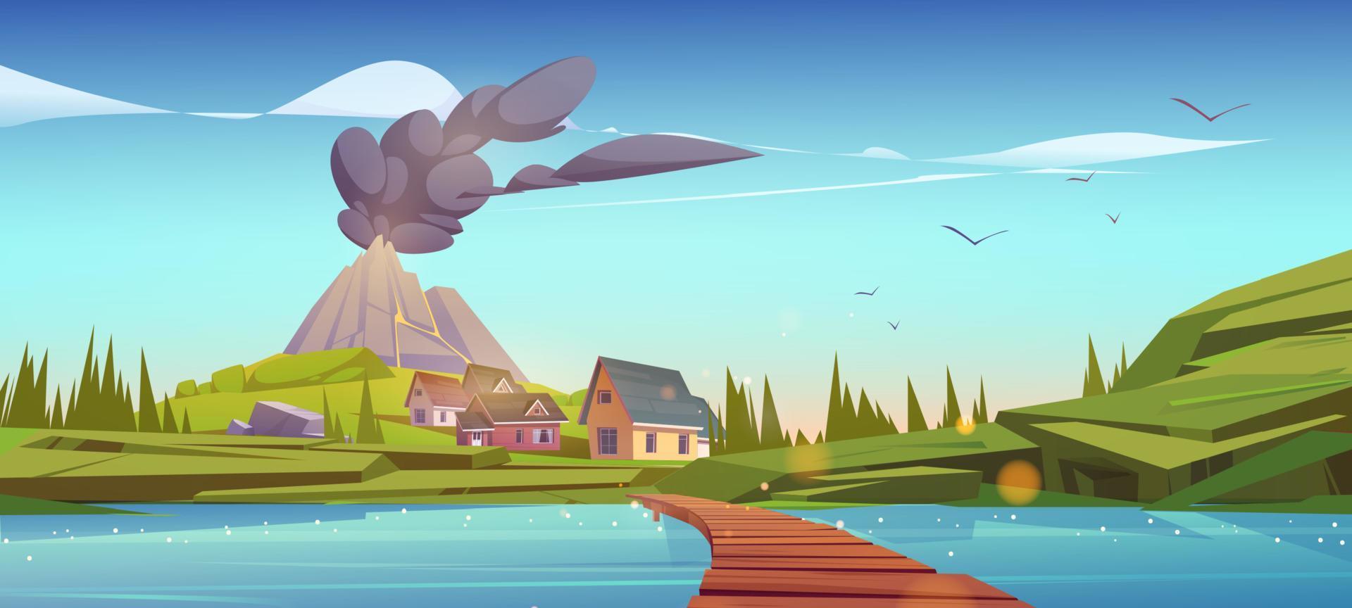 Houses and volcano with black smoke clouds vector