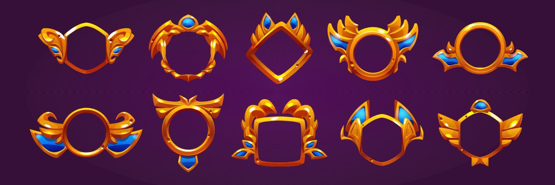 Golden award badges, game avatar frames vector