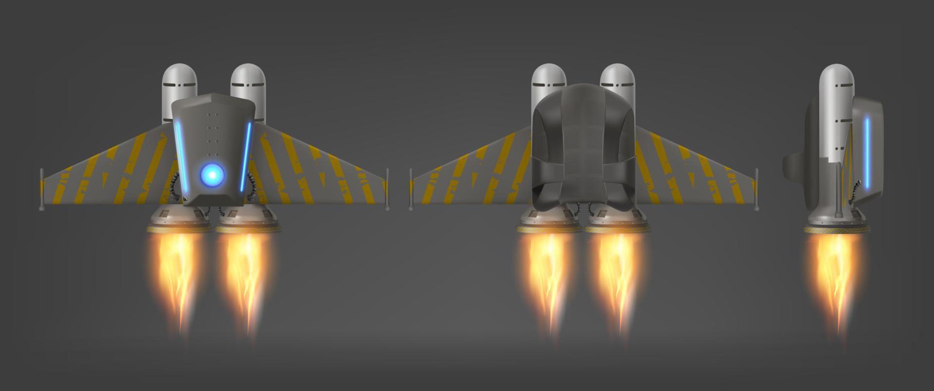 jetpack con fuego vista lateral inferior superior aislado vector