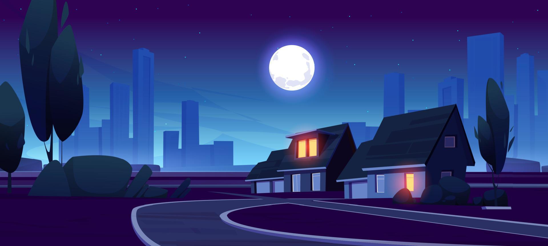 Night suburb district with houses, road in summer vector