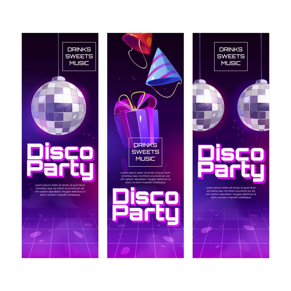 Disco party posters with cocktails, cake vector